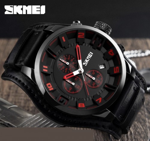 นาฬิกาสายหนังแท้สีดำจาก SKMEI หน้าปัดดำเข็มแดง