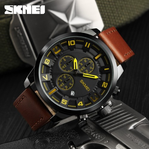 นาฬิกา SKMEI สายหนังแท้สีน้ำตาล หน้าปัดดำ เท่ห์มาก