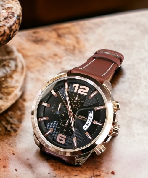 นาฬิกา Cuena หน้าปัดสีดำ+rose gold สายหนังสีน้ำตาล สวยสุดๆ