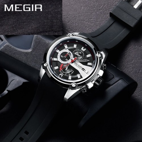 นาฬิกา MEGIR สุดเท่ห์งานพรีเมียม สายยางสีดำตัดแดง