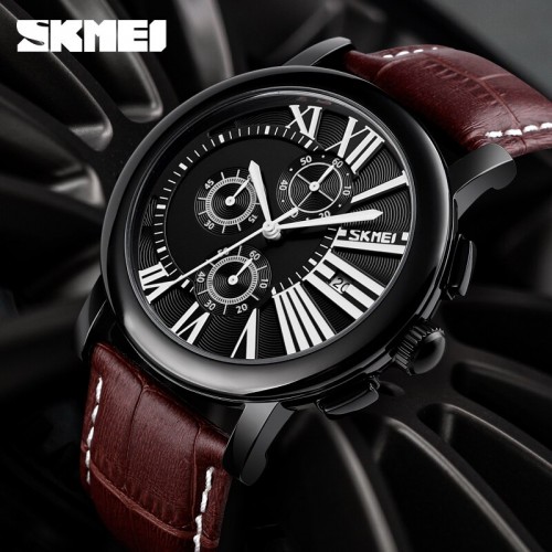 นาฬิกา SKMEI สายหนังแท้สีน้ำตาล หน้าปัดดำสวยคลาสสิค