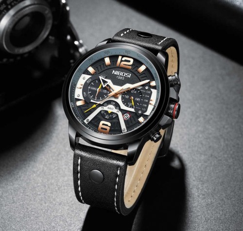 นาฬิกา NIBOSI หน้าปัดสีดำ สายหนังดำ สวยเท่ห์สุดๆ
