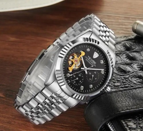 นาฬิกาออโต้ Tevise หน้าปัดสีดำขอบเงิน สวยหรูมาก
