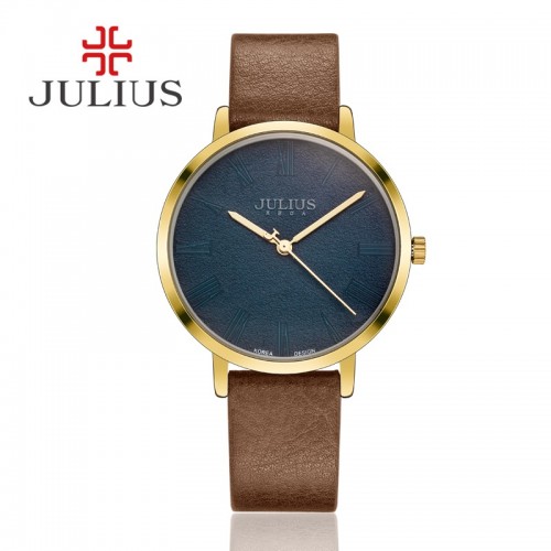 นาฬิกา Julius สายหนังสีน้ำตาล พื้นหน้าปัดสีน้ำเงินลายสวยคลาสสิค