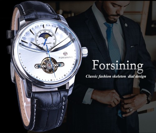 นาฬิกาออโต้แแบรนด์ Forsining สายหนัง หน้าปัดสีเงินสวยหรู