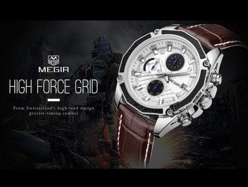 นาฬิกา MEGIR สายหนังแท้สีน้ำตาล หน้าปัดขาว สวยเท่ห์สุดๆ