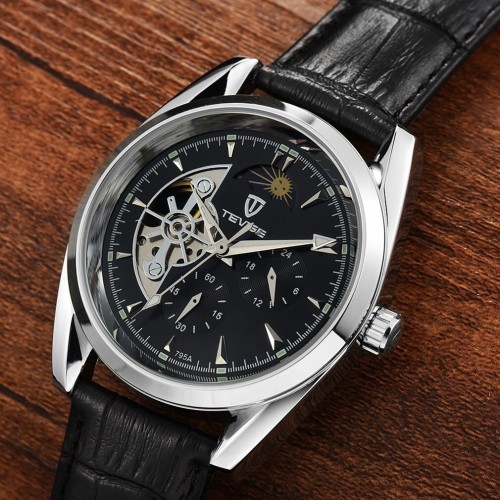 นาฬิกาออโต้ Tevise สายหนัง หน้าปัดสีดำขอบเงิน สวยหรู