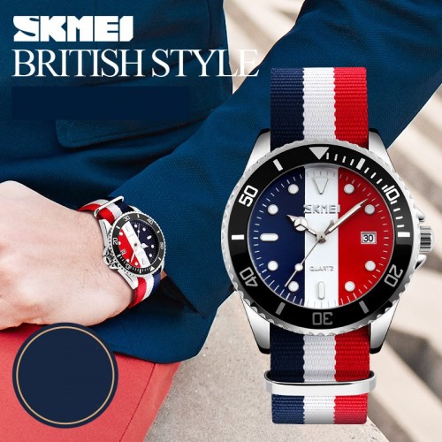 นาฬิกา SKMEI สายผ้า ดีไซน์ 3 แถบ สีคล้ายธงชาติอังกฤษสวยมีสไตล์สุดๆ