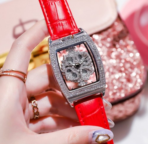 นาฬิกาสายหนังสีแดงแบรนด์ Meriots ลายสวยมากก หน้าปัดหมุนได้