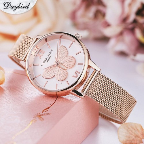 นาฬิกา Daybird สีพิงค์โกลด์ หน้าปัดผีเสื้อลายนูน 3 มิติ สวยงาม