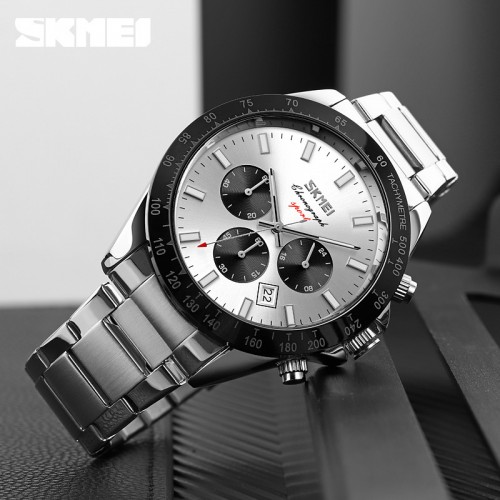 นาฬิกา SKMEI สายสแตนเลสหน้าปัดสีเงินขอบดำ สวยหรู คุณภาพเยี่ยม