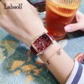 นาฬิกาหรูแบรนด์ Labaoli สายหนังเงา สีแดงเข้ม หน้าปัดสี่เหลี่ยมล้อมเพชร สวยหรู