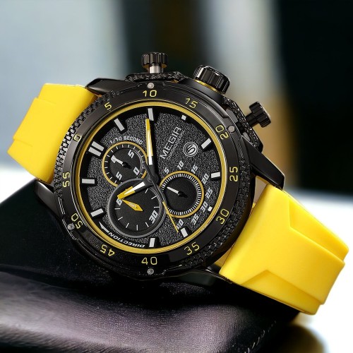 นาฬิกา MEGIR สุดเท่ห์ สายยางสีเหลือง หน้าปัดลายสวยสีดำ งานพรีเมียม