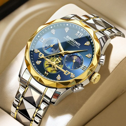 นาฬิกา BINBOND สายสแตนเลสตัดทอง หน้าปัดสีน้ำเงินสวยงาม