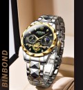 นาฬิกา BINBOND สายสแตนเลสตัดทอง หน้าปัดสีดำสวยงาม